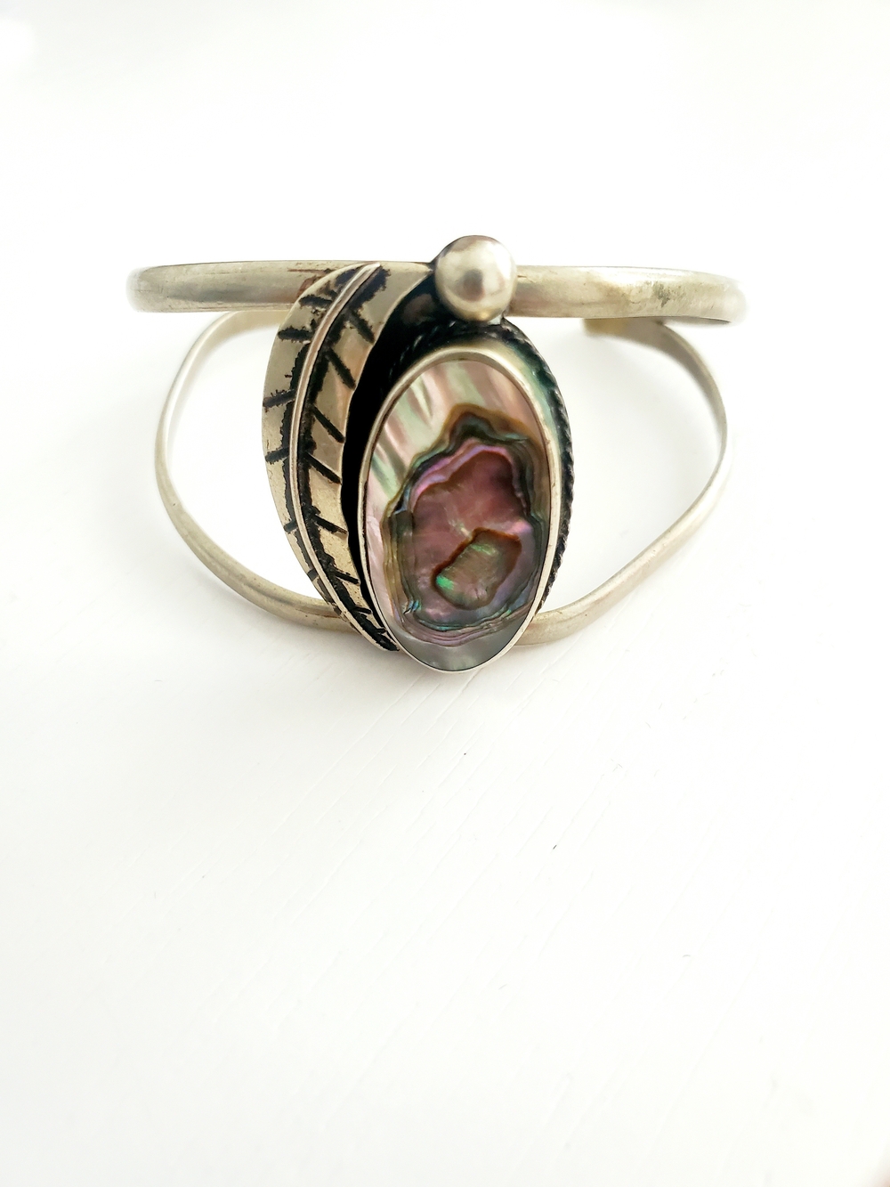 Alpaca Silver Abalone Cuff Bracelet — Iridescent Green/Purple - Vintage
